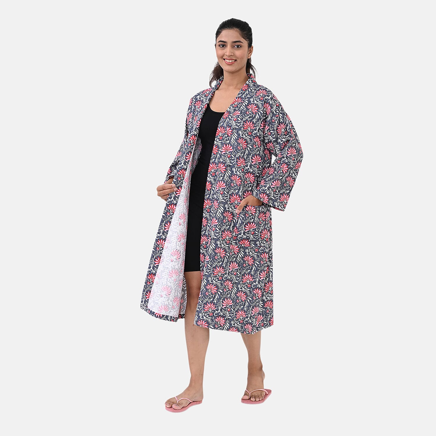 Cotton Printed Robe (Size - One Size) - Navy Blue Pink & Pink