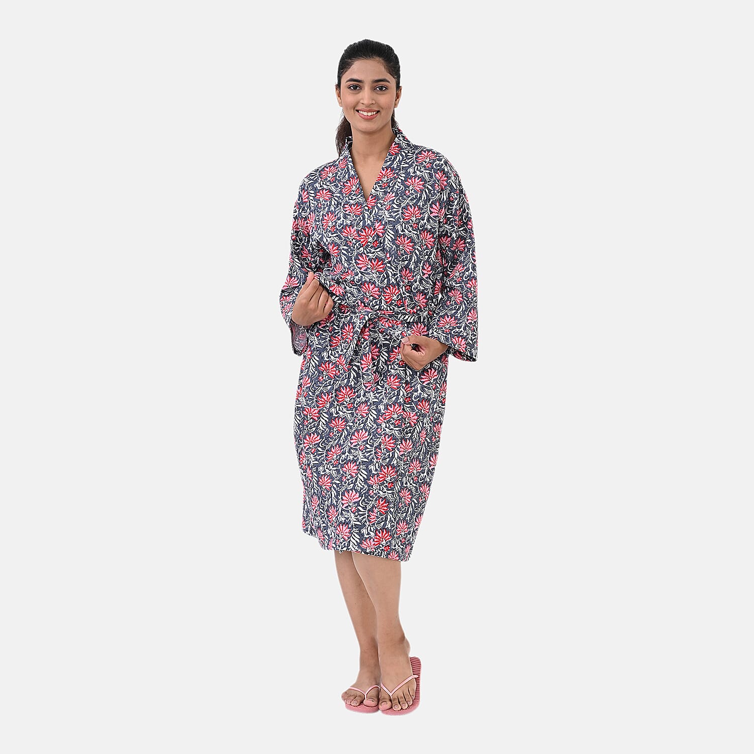 Cotton Printed Robe (Size - One Size) - Navy Blue Pink & Pink