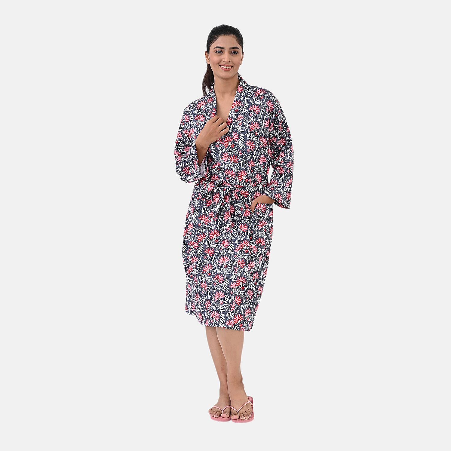Cotton Printed Robe (Size - One Size) - Navy Blue Pink & Pink