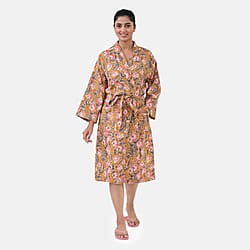 Sukriti 100% Cotton Floral - Leaf Print Waffle Bath Robe with Pockets (One Size) - Brown with Pink - Grey