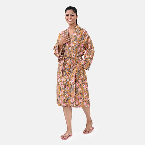 THE MASSIVE REDUCTION -- Sukriti 100% Cotton Floral - Leaf Print Waffle Bath Robe with Pockets (One Size) - Brown with Pink - Grey