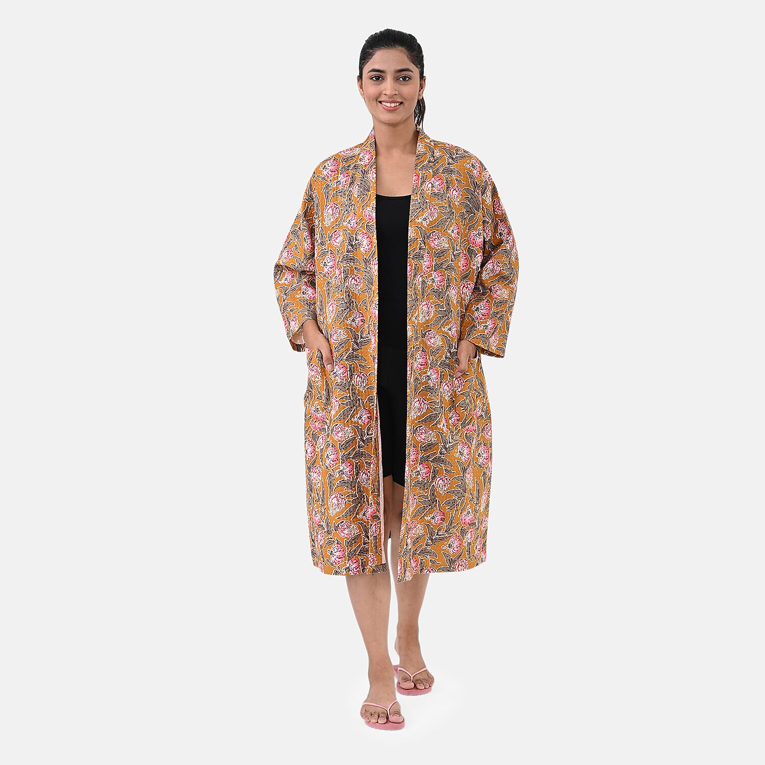 THE MASSIVE REDUCTION -- Sukriti 100% Cotton Floral - Leaf Print Waffle Bath Robe with Pockets (One Size) - Brown with Pink - Grey