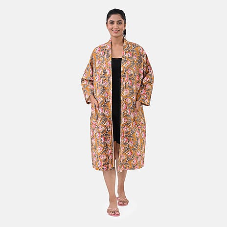 THE MASSIVE REDUCTION -- Sukriti 100% Cotton Floral - Leaf Print Waffle Bath Robe with Pockets (One Size) - Brown with Pink - Grey