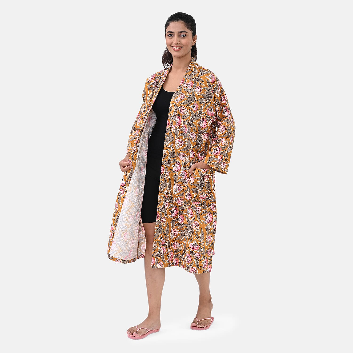 THE MASSIVE REDUCTION -- Sukriti 100% Cotton Floral - Leaf Print Waffle Bath Robe with Pockets (One Size) - Brown with Pink - Grey