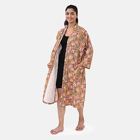 THE MASSIVE REDUCTION -- Sukriti 100% Cotton Floral - Leaf Print Waffle Bath Robe with Pockets (One Size) - Brown with Pink - Grey