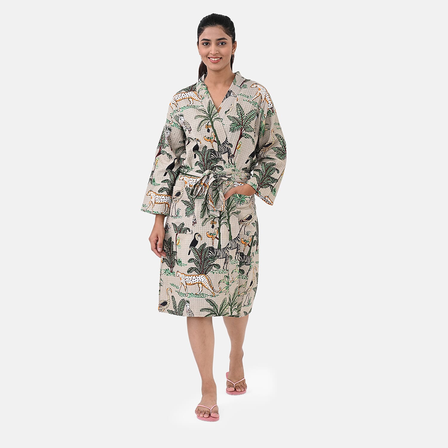 THE MASSIVE REDUCTION --Sukriti 100% Cotton Jungle Print Waffle Bath Robe with Pockets (One Size) - Autumn Sage