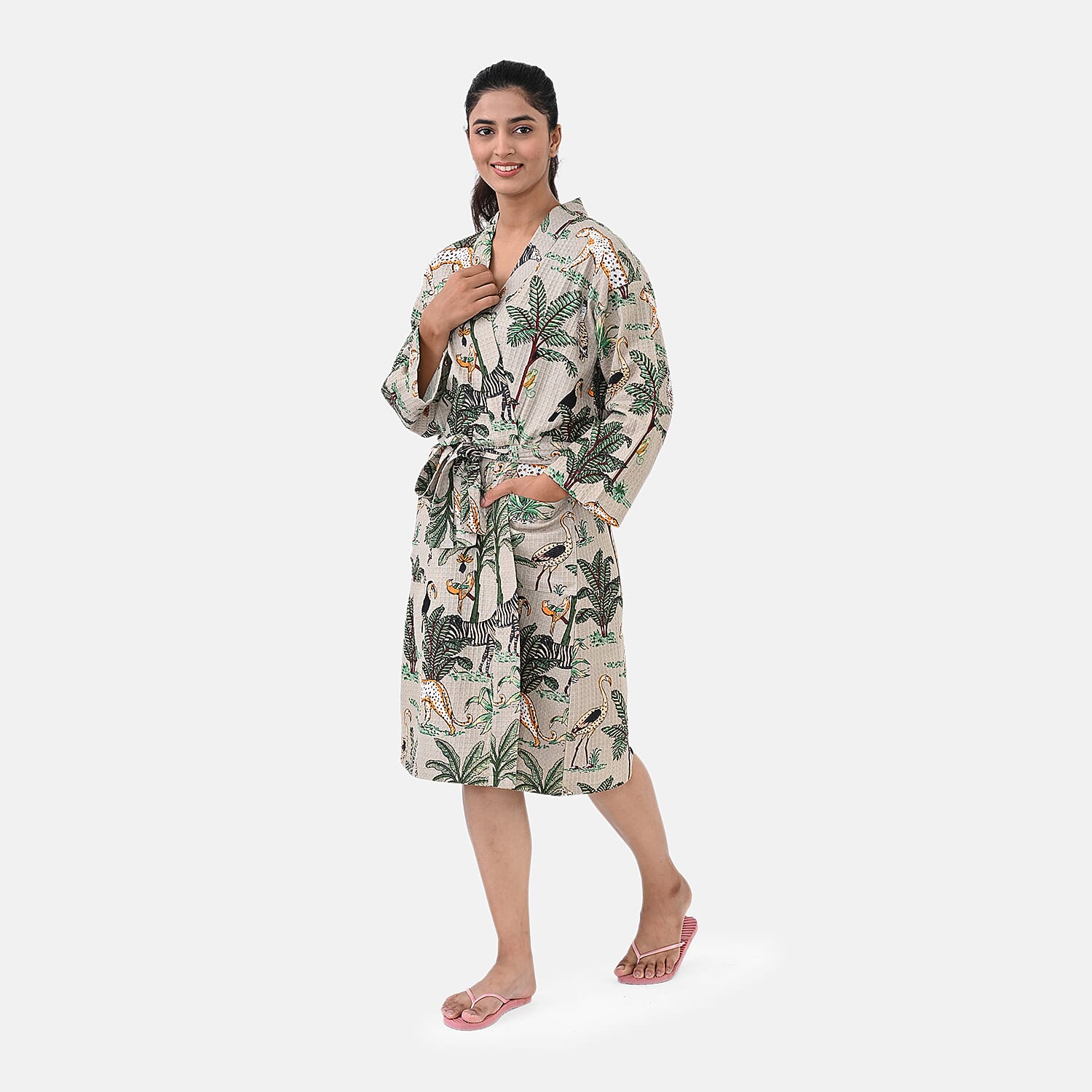 THE MASSIVE REDUCTION --Sukriti 100% Cotton Jungle Print Waffle Bath Robe with Pockets (One Size) - Autumn Sage