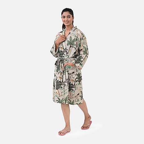 THE MASSIVE REDUCTION --Sukriti 100% Cotton Jungle Print Waffle Bath Robe with Pockets (One Size) - Autumn Sage