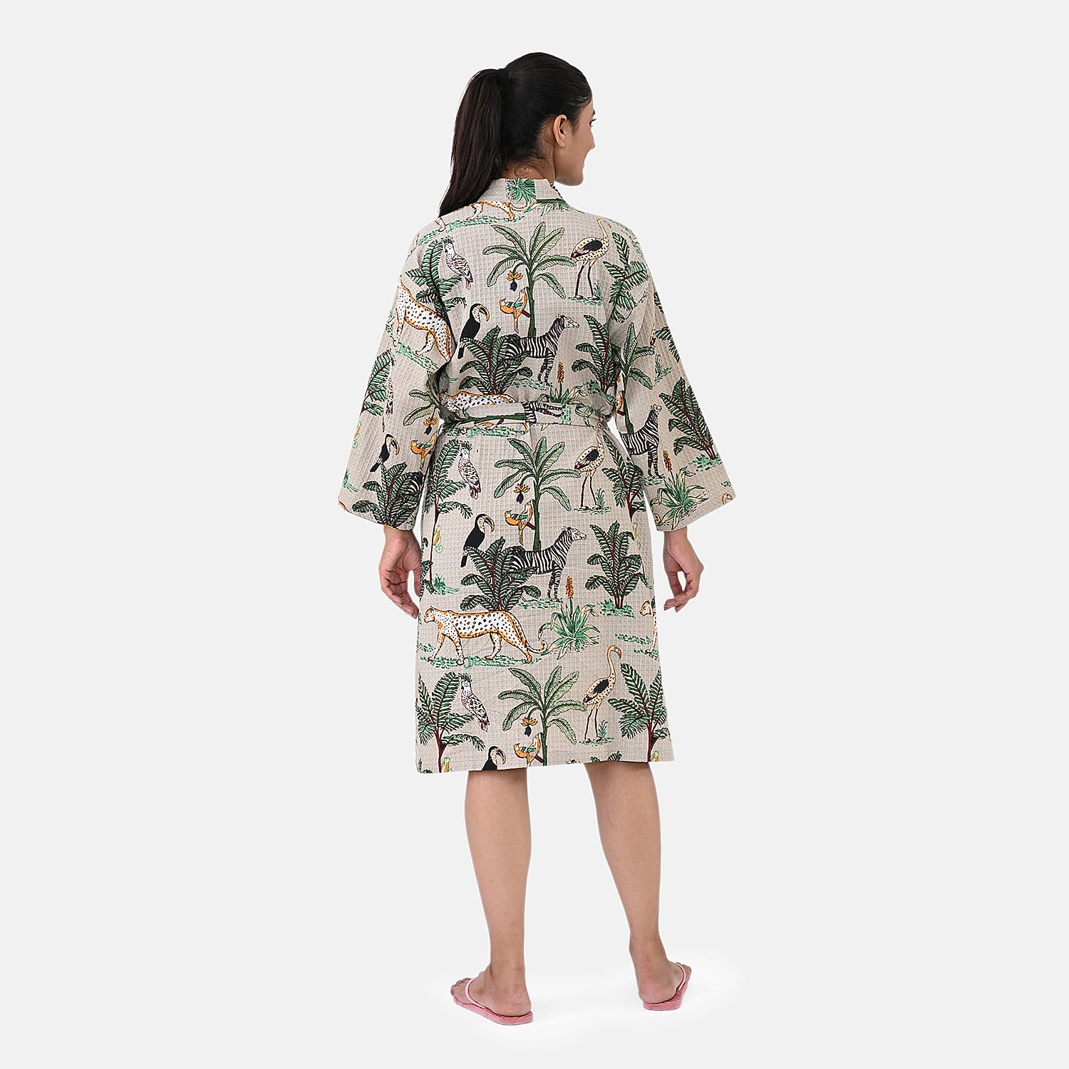 THE MASSIVE REDUCTION --Sukriti 100% Cotton Jungle Print Waffle Bath Robe with Pockets (One Size) - Autumn Sage