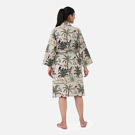 THE MASSIVE REDUCTION --Sukriti 100% Cotton Jungle Print Waffle Bath Robe with Pockets (One Size) - Autumn Sage