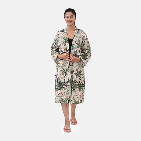 THE MASSIVE REDUCTION --Sukriti 100% Cotton Jungle Print Waffle Bath Robe with Pockets (One Size) - Autumn Sage