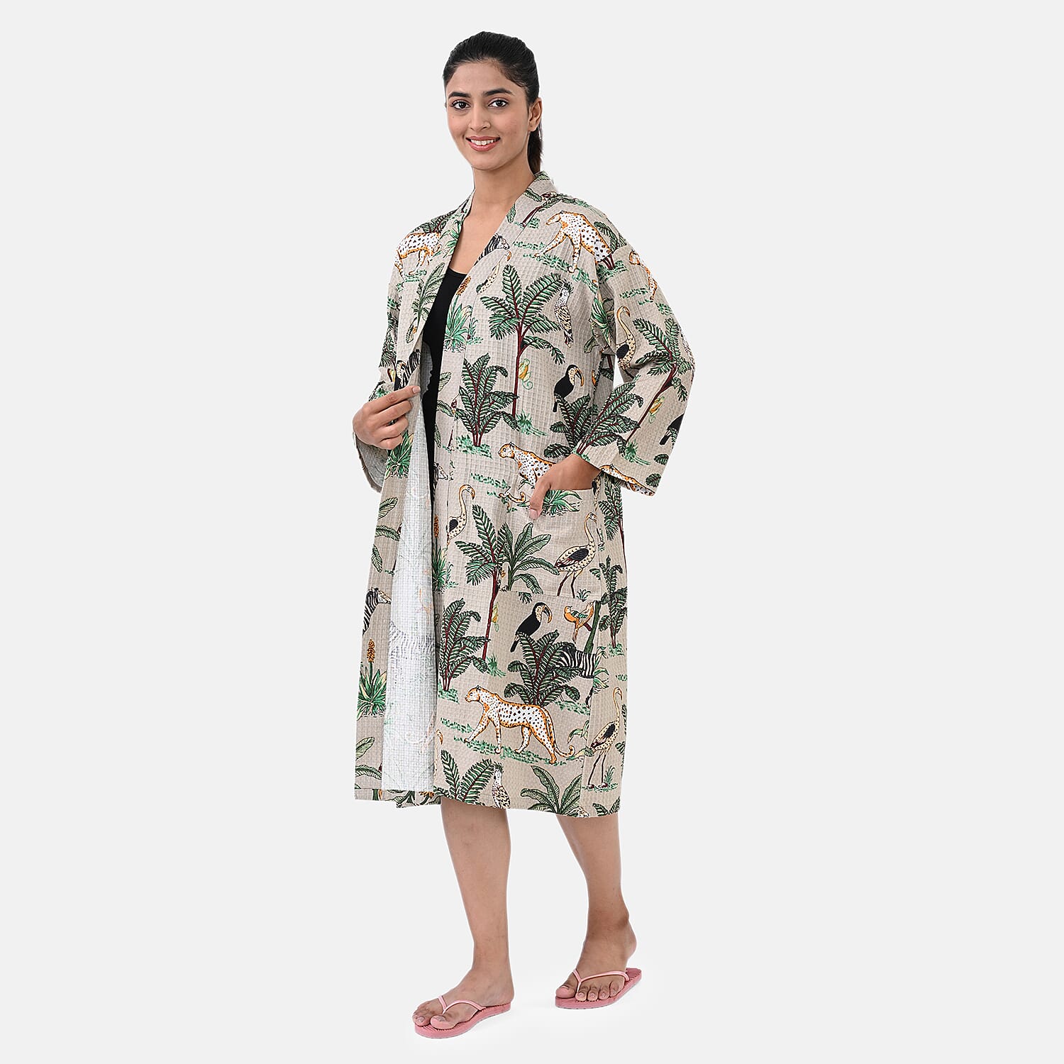 THE MASSIVE REDUCTION --Sukriti 100% Cotton Jungle Print Waffle Bath Robe with Pockets (One Size) - Autumn Sage