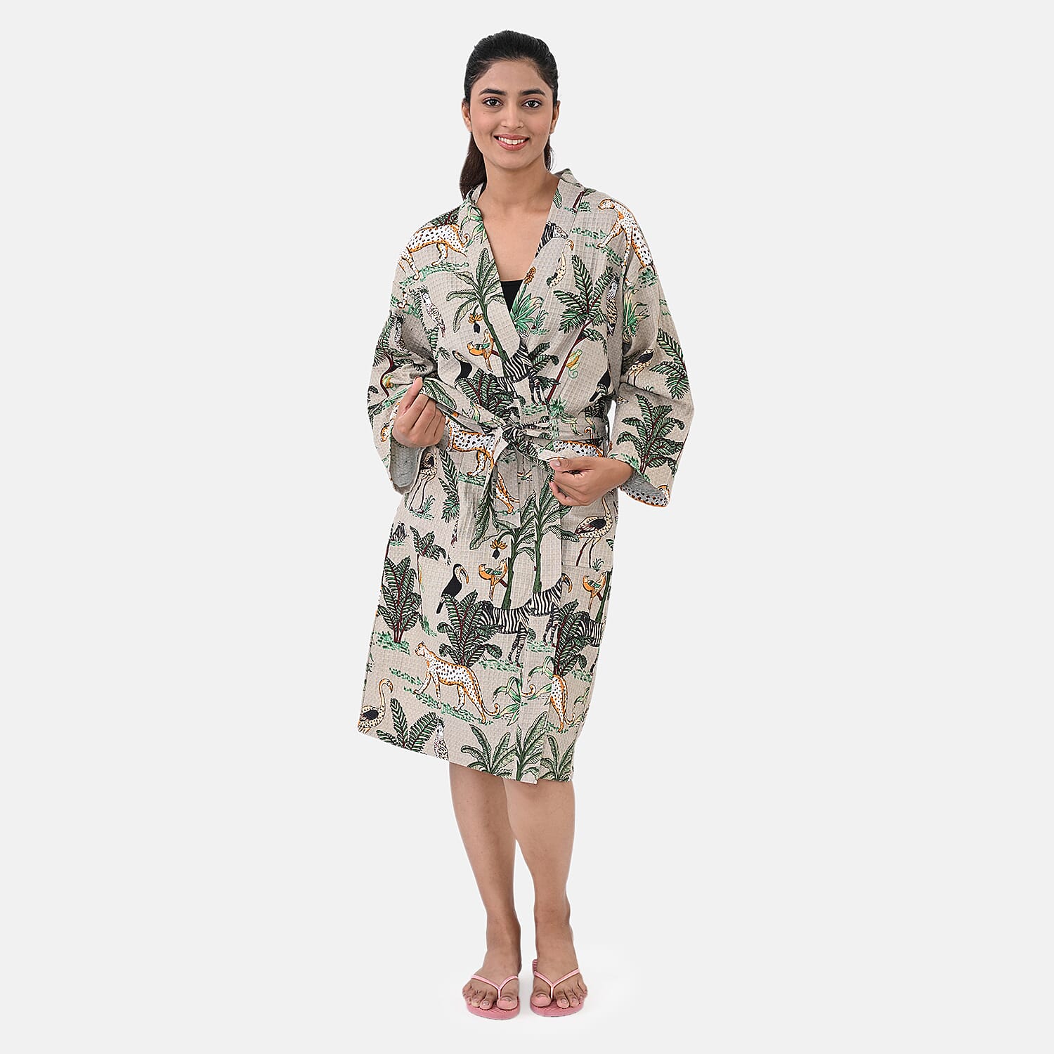 THE MASSIVE REDUCTION --Sukriti 100% Cotton Jungle Print Waffle Bath Robe with Pockets (One Size) - Autumn Sage