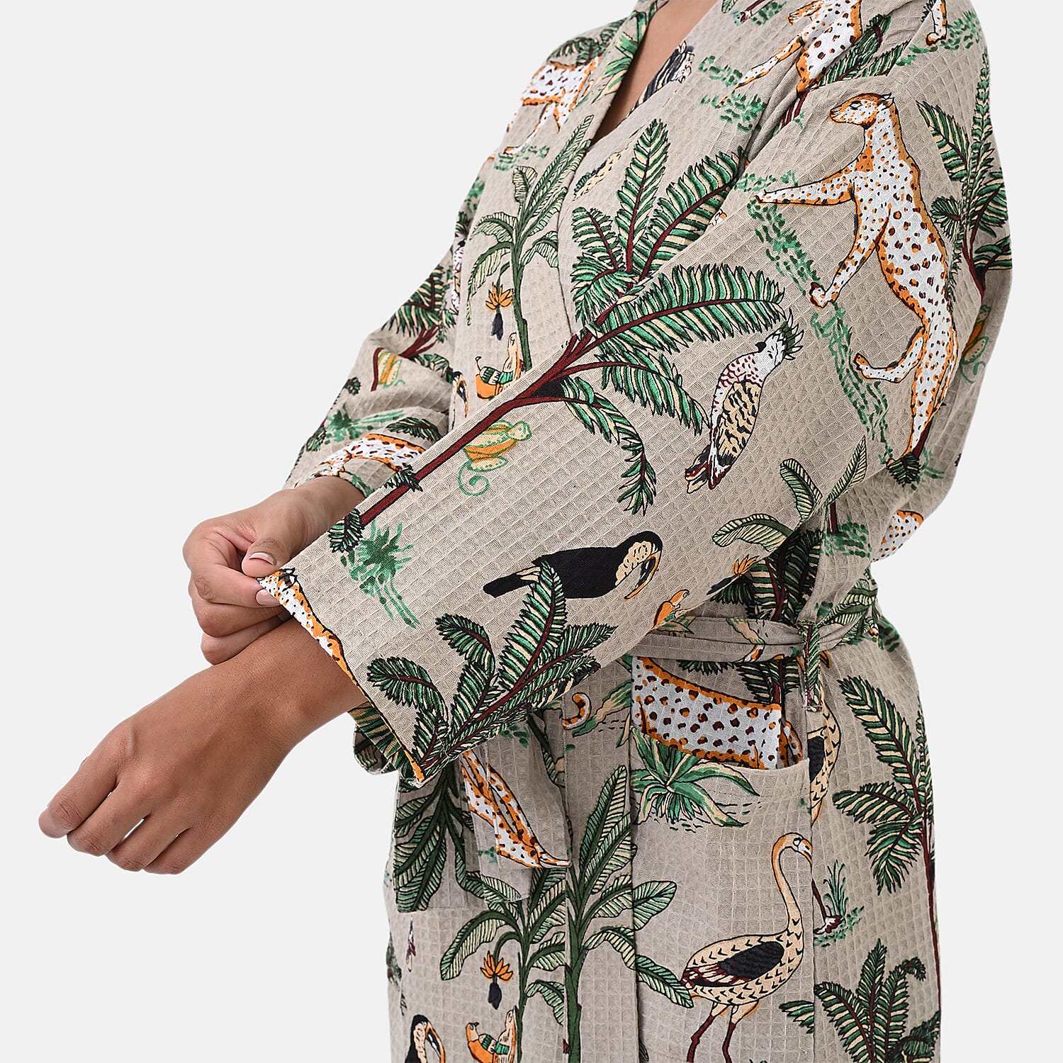 THE MASSIVE REDUCTION --Sukriti 100% Cotton Jungle Print Waffle Bath Robe with Pockets (One Size) - Autumn Sage