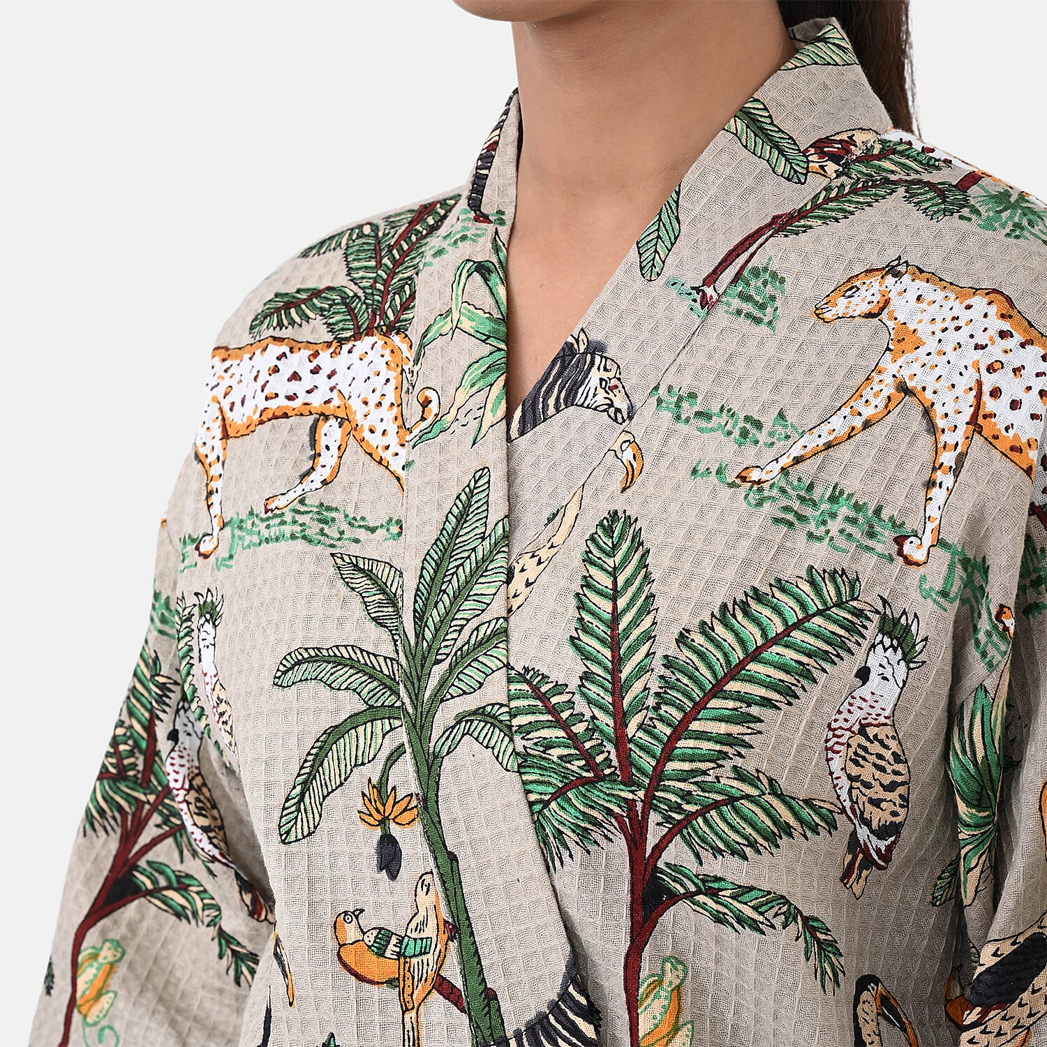 THE MASSIVE REDUCTION --Sukriti 100% Cotton Jungle Print Waffle Bath Robe with Pockets (One Size) - Autumn Sage