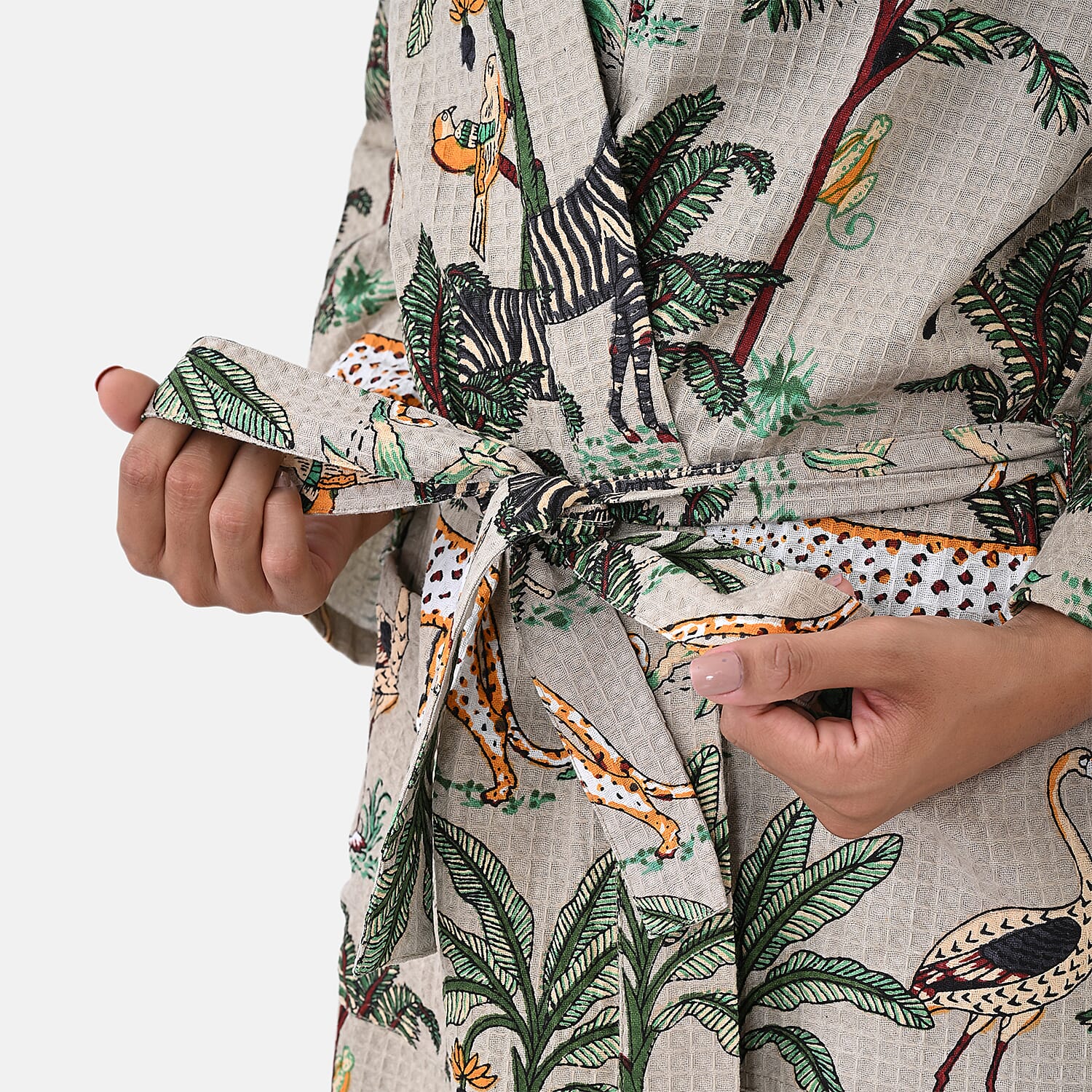 THE MASSIVE REDUCTION --Sukriti 100% Cotton Jungle Print Waffle Bath Robe with Pockets (One Size) - Autumn Sage