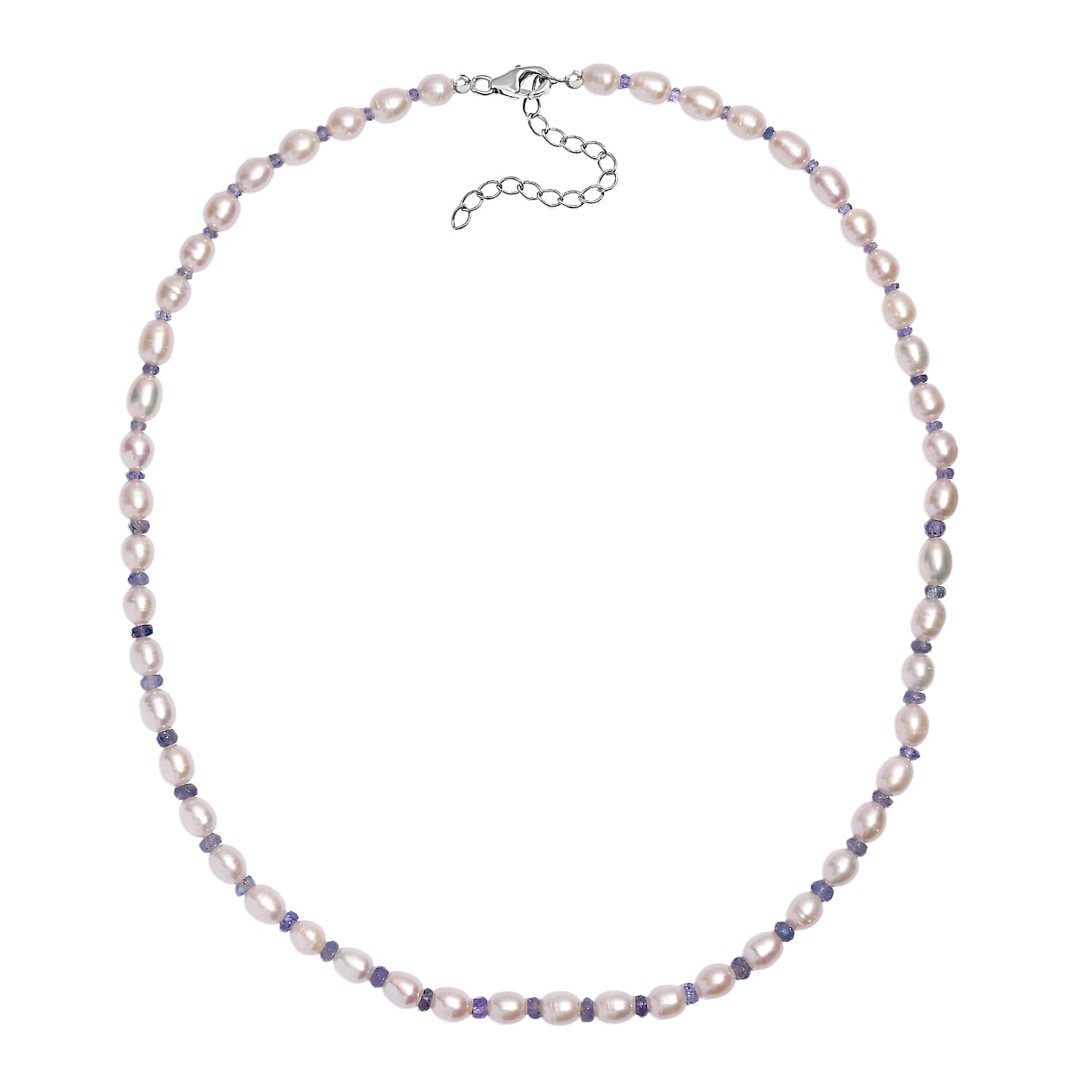 White Fresh Water Pearl & Tanzanite Necklace (Size 18-2 EXT) in Rhodium Overlay Sterling Silver 90.00 Ct.