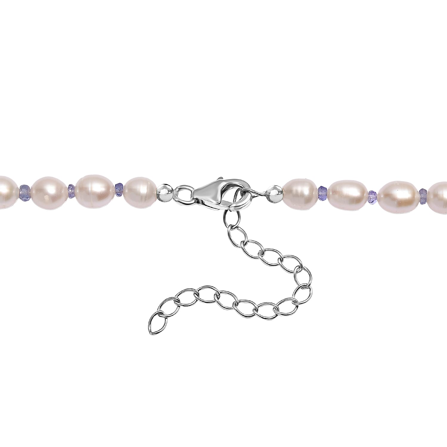 White Fresh Water Pearl & Tanzanite Necklace (Size 18-2 EXT) in Rhodium Overlay Sterling Silver 90.00 Ct.