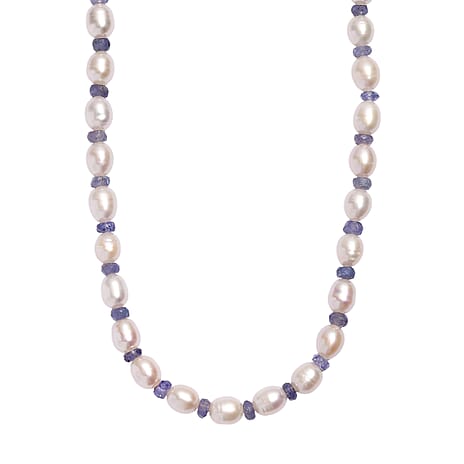 White Fresh Water Pearl & Tanzanite Necklace (Size 18) in Rhodium Overlay Sterling Silver 90.00 Ct.