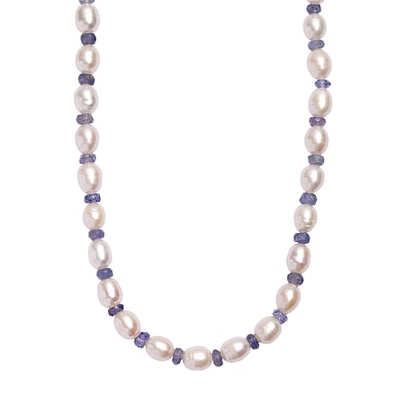 White Fresh Water Pearl & Tanzanite Necklace (Size 18) in Rhodium Overlay Sterling Silver 90.00 Ct. White Fresh Water Pearl & Tanzanite Necklace (Size 18) in Rhodium Overlay Sterling Silver 90.00 Ct.