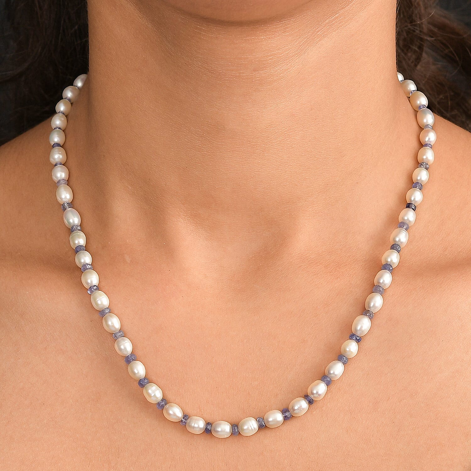 White Fresh Water Pearl & Tanzanite Necklace (Size 18) in Rhodium Overlay Sterling Silver 90.00 Ct.