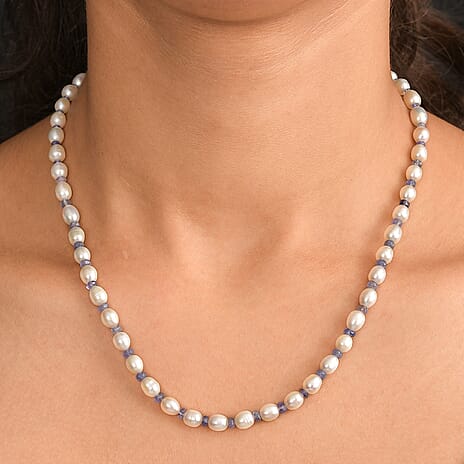 White Fresh Water Pearl & Tanzanite Necklace (Size 18) in Rhodium Overlay Sterling Silver 90.00 Ct.