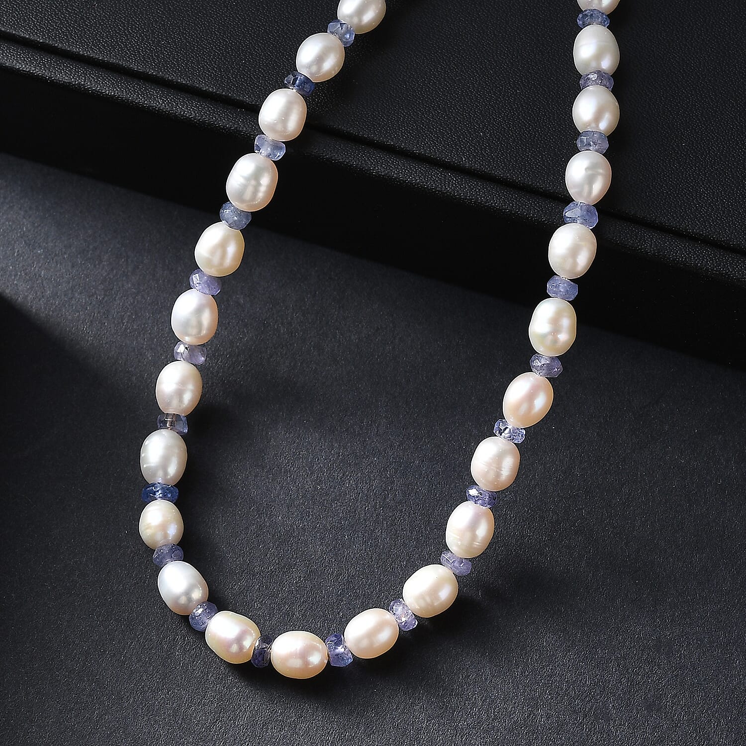 White Fresh Water Pearl & Tanzanite Necklace (Size 18) in Rhodium Overlay Sterling Silver 90.00 Ct.