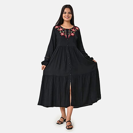 Sukriti Rayon Dobby Floral Embroidered Dress (Size M) - Black - Red