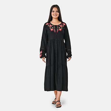 Sukriti Rayon Dobby Floral Embroidered Dress (Size XXL) - Black - Red