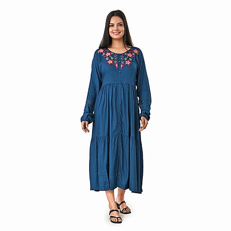Sukriti Rayon Dobby Floral Embroidered Dress (Size S) - Dark Blue - Red