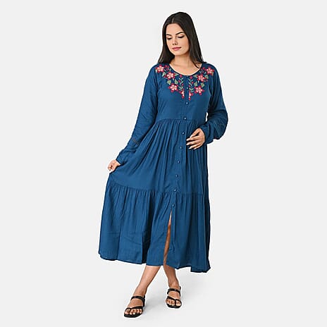 Sukriti Rayon Dobby Floral Embroidered Dress (Size S) - Dark Blue - Red