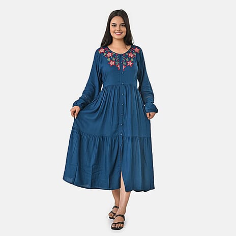 BRAND NEW LAUNCH - Sukriti Boho Floral Embroidered Dress (Size M) - Dark Blue - Red