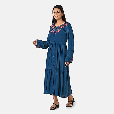 Sukriti Rayon Dobby Floral Embroidered Dress (Size XL) - Dark Blue - Red