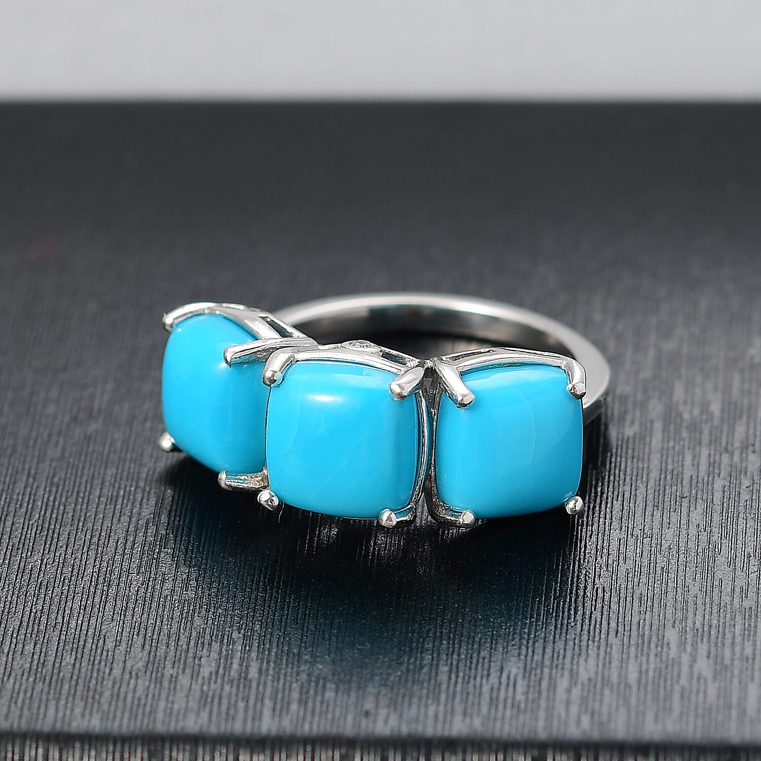 Luxuriant Diamond Sleeping Beauty Turquoise & Lab Grown Diamond (SI-GH) Ring in Rhodium Overlay Sterling Silver 6.32 Ct.