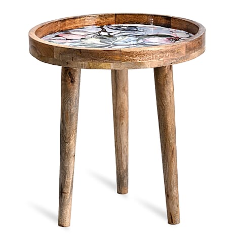 Mango Wood Floral Design Coffee Table (Size 45 x 45 cm) Flat Packed - Pink & White