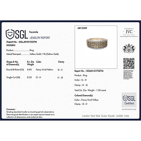 SGL Certified -9K Yellow Gold Fancy Vivid Natural Yellow Diamond (SI) and White Diamond Ring 1.00 Ct.