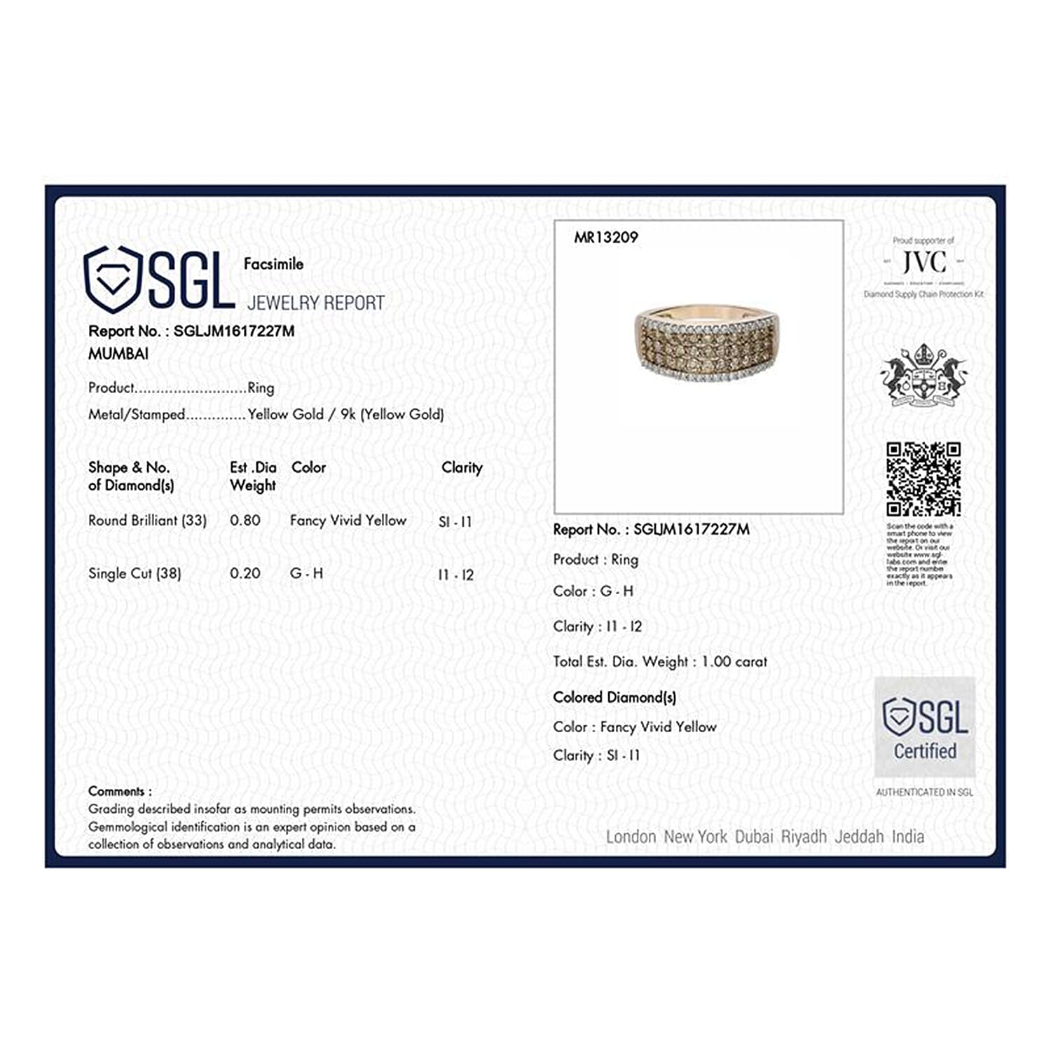 SGL Certified - 9K Yellow Gold Vivid Natural Yellow Diamond (SI-I1) & White Diamond Ring 1.00 Ct.