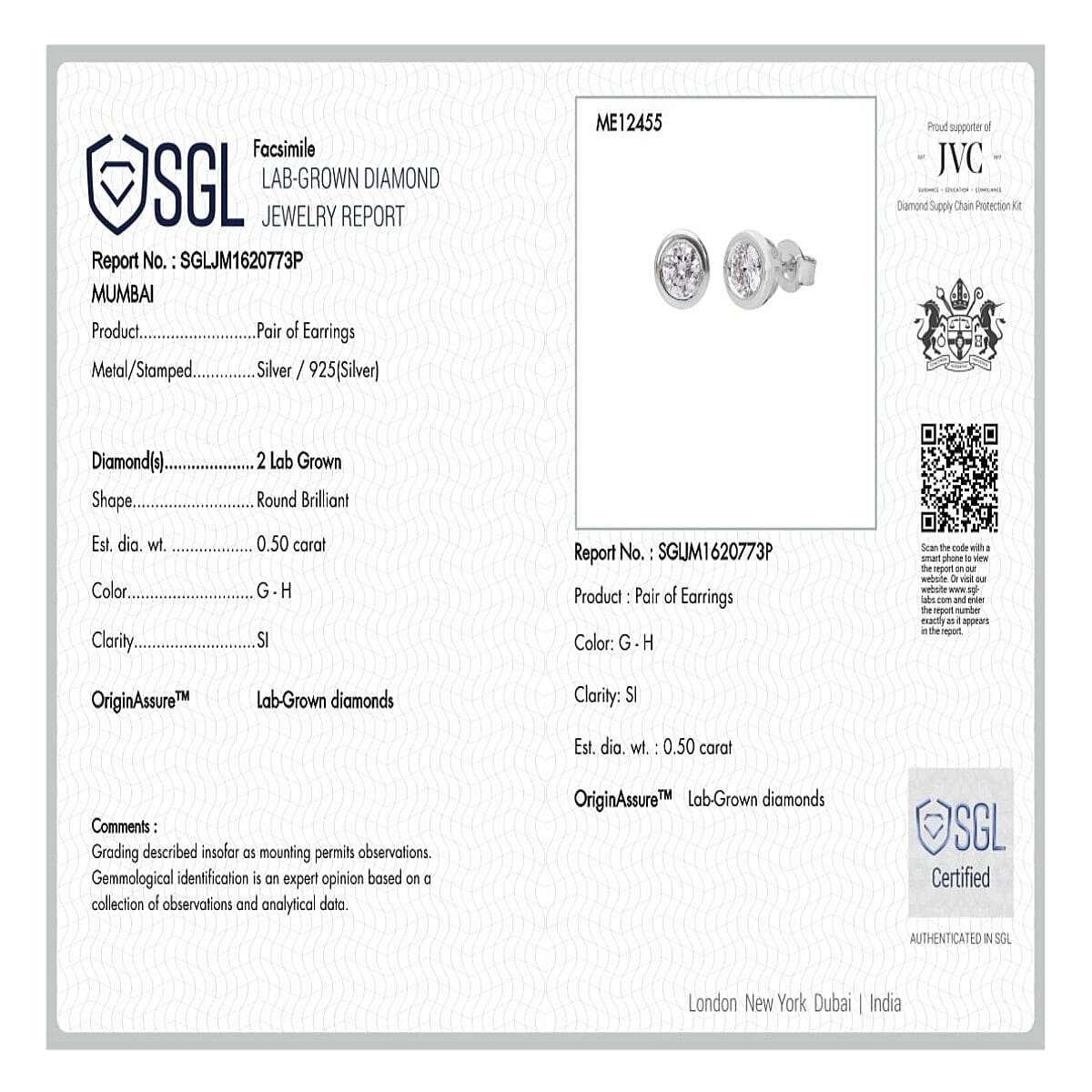 Luxuriant Diamond SGL Certified Lab Grown Diamond (SI-GH) Earring with Push Back in Rhodium Overlay Sterling Silver 0.50 Ct.