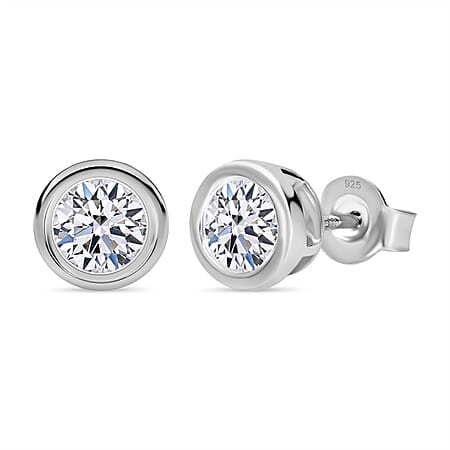 LUXURIANT 1 Ct. Bezel-Set Lab Grown Diamond Solitaire Stud Earring with Push Back in Rhodium Overlay Sterling Silver