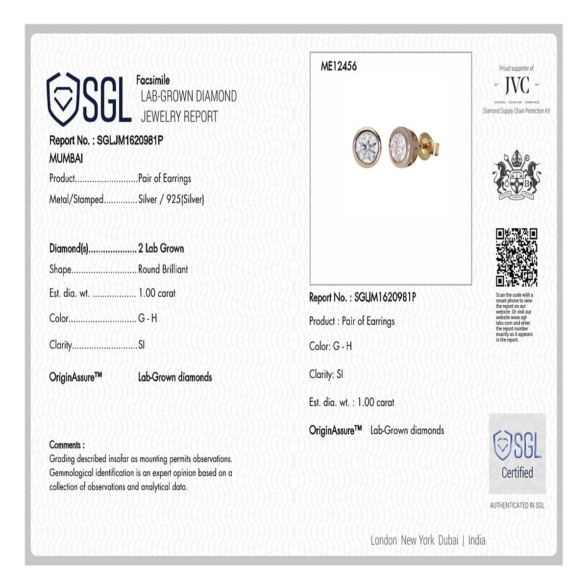 Luxuriant Diamond SGL Certified Lab Grown Diamond (SI-GH) Stud Push Back Earring in Vermeil Yellow Gold Plated Sterling Silver 1.00 Ct.