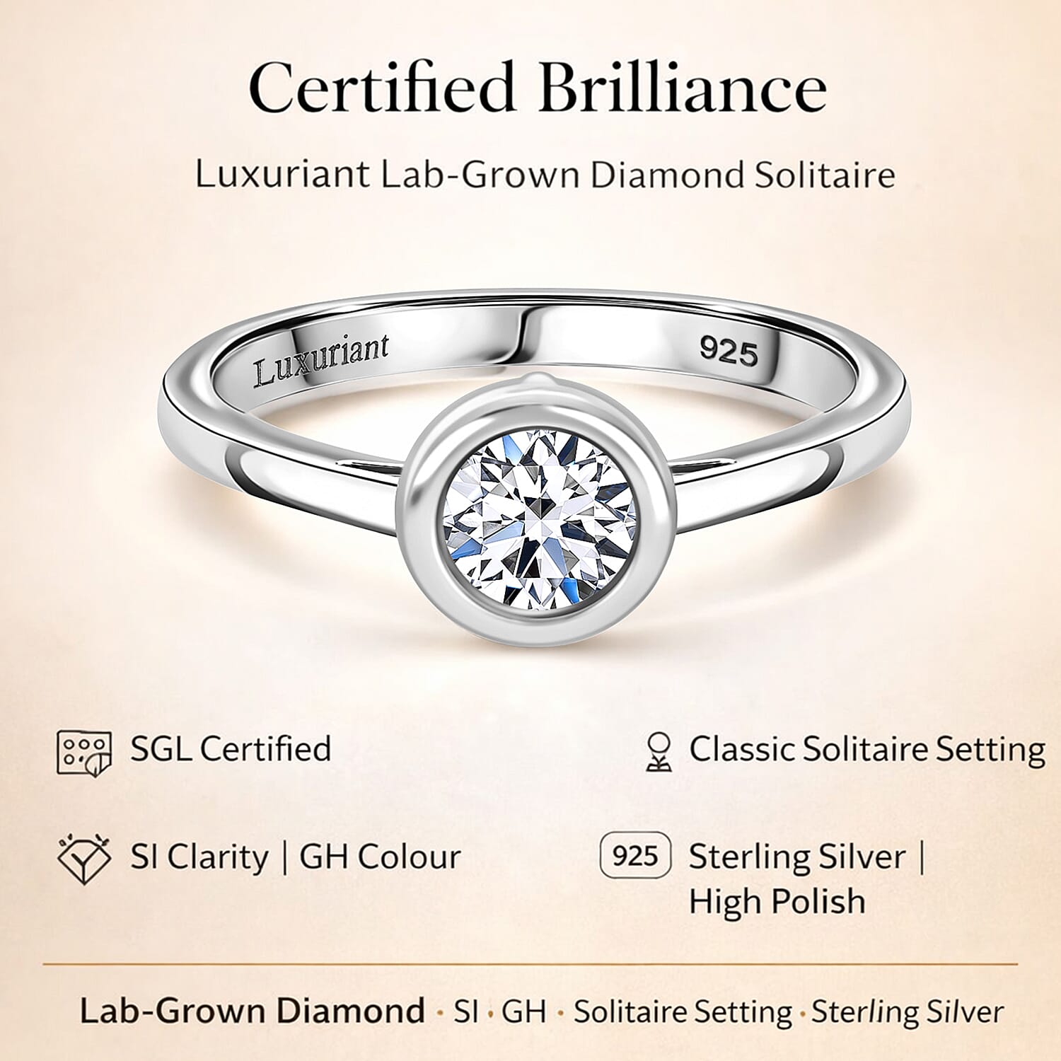Luxuriant SGL Certified Lab Grown Diamond (SI-GH) Solitaire Ring in Sterling Silver