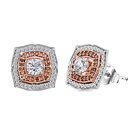 9K White Gold White Diamond & Champagne Diamond I3 Earring with Push Back 1.11 Ct.