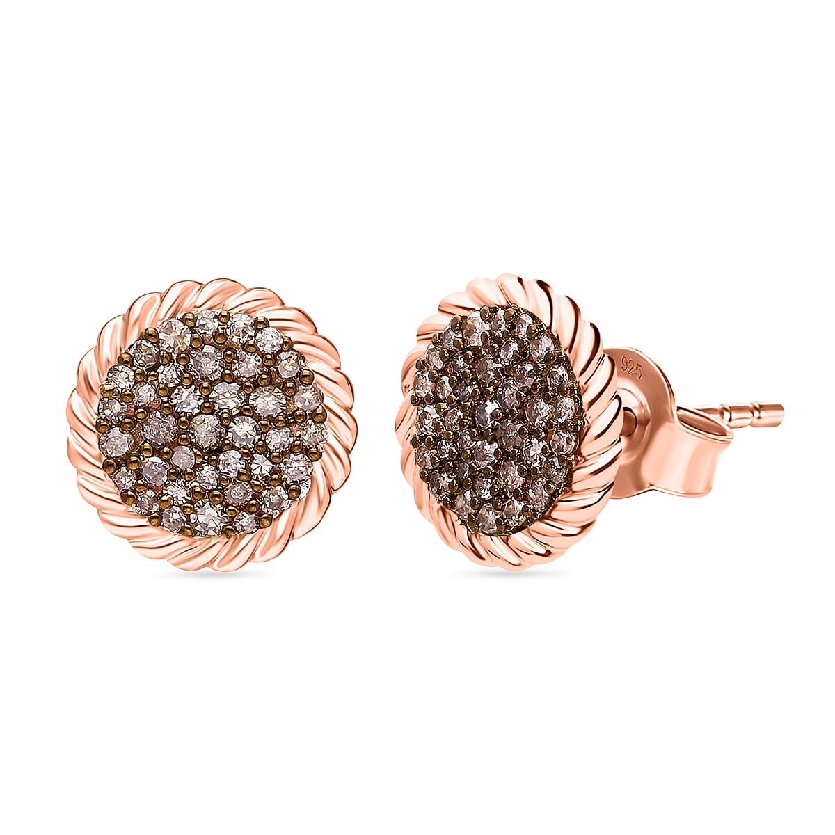 Champagne Diamond Earring with Push Back in Vermeil Rose Gold Plated Sterling Silver 0.51 Ct.