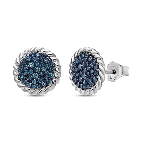 Blue Diamond Earring with Push Back in Rhodium Overlay Sterling Silver 0.52 Ct.