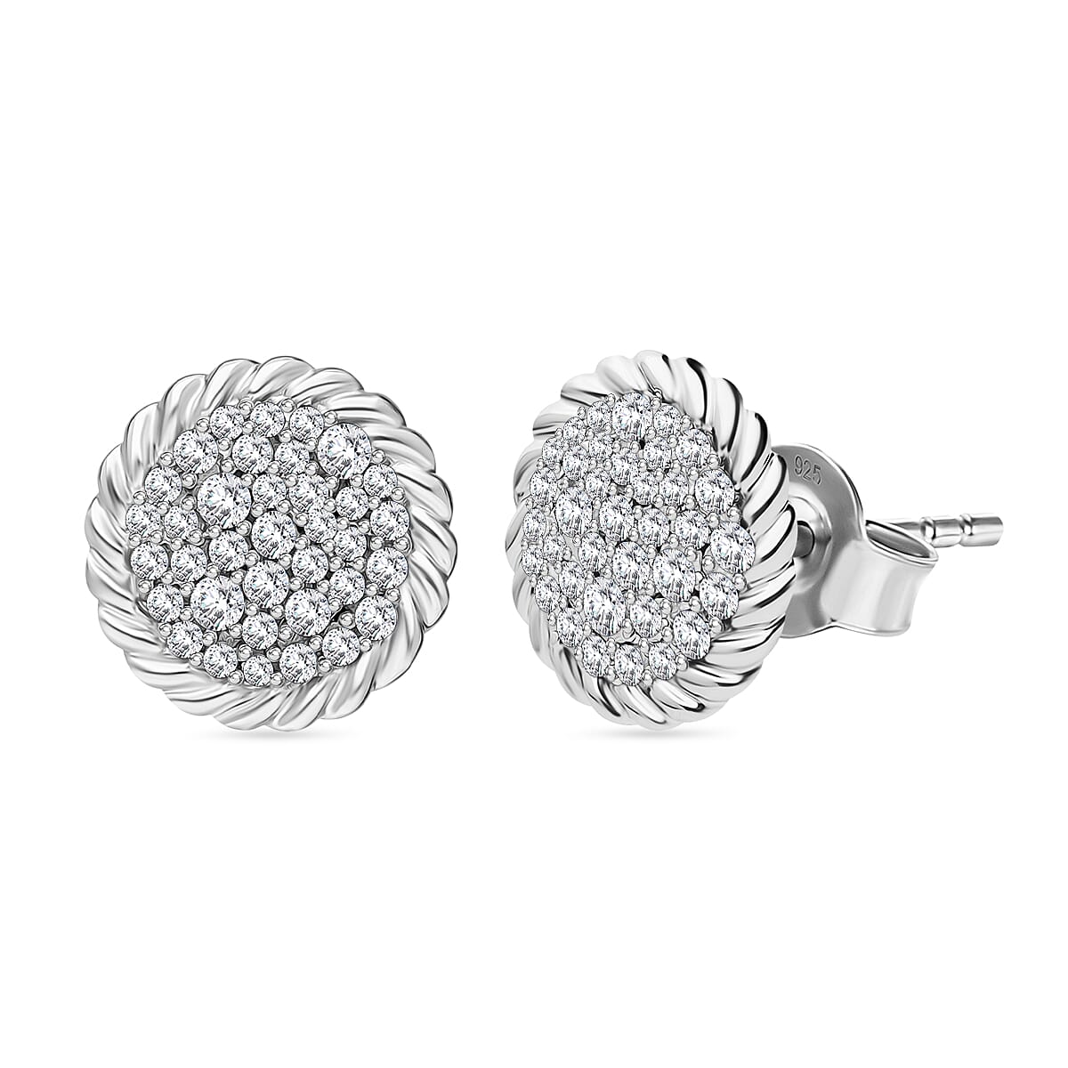 White Diamond Earring with Push Back in Rhodium Overlay Sterling Silver 0.51 Ct.