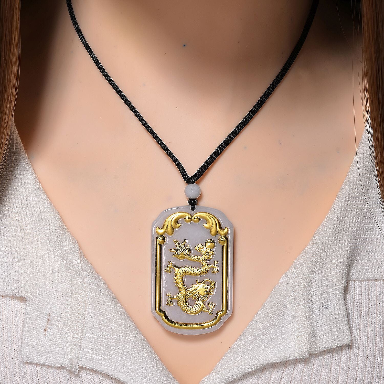 24K Yellow Natural Type A White Jadeite Dragon Cotton Thread Adjustable Necklace (Size - 30) 125.00 Ct.