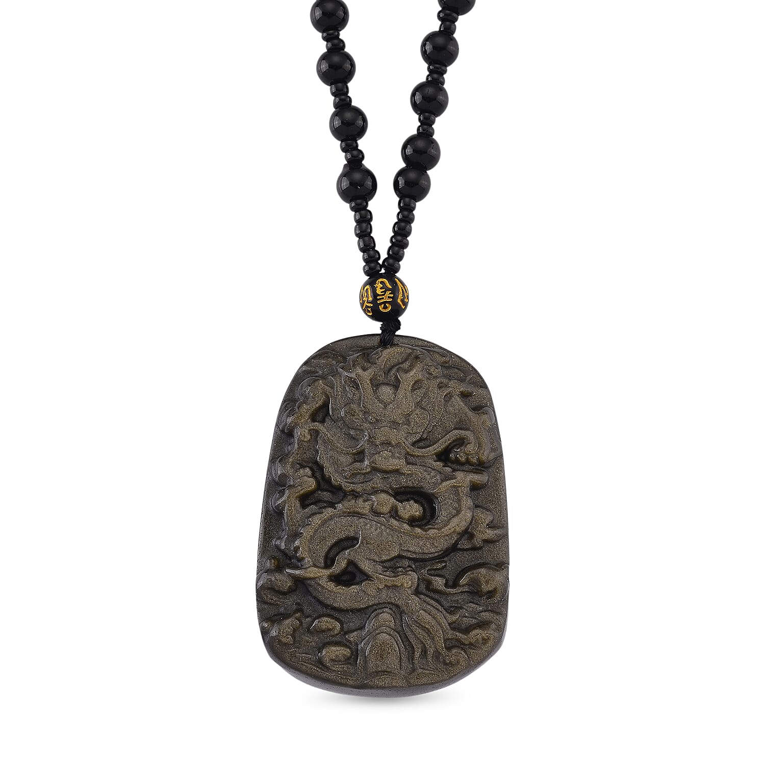 Black Obsidian Dragon Hand - Carved Pendant with Beads Chain (Size - 26) 340.00 Ct.