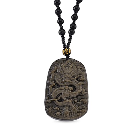 Black Obsidian Dragon Hand - Carved Pendant with Beads Chain (Size - 26) 340.00 Ct.