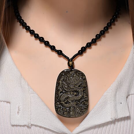 Black Obsidian Dragon Hand - Carved Pendant with Beads Chain (Size - 26) 340.00 Ct.