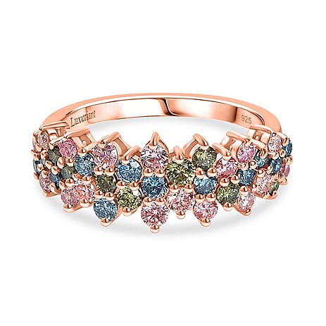First Time Ever - Luxuriant Diamond Lab Grown Multi Coloured Diamond (SI-GH) Ring in 18K Vermeil Rose Gold Plated Sterling Silver 1.00 Ct.